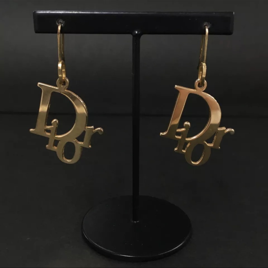 Auth Christian Dior Cd Gold Pierced Dangle Earrings 449$
